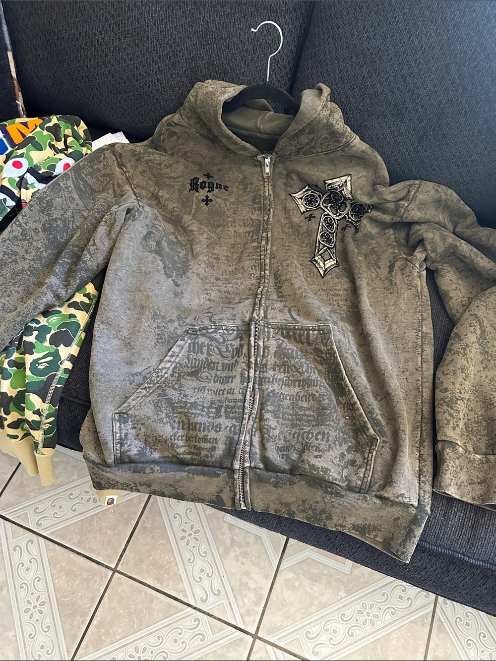 Aflliction Olive Green Zip-Front Hooded Sweatshirt with Cross Graphic